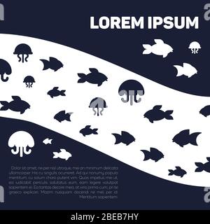 Blaues Meer Leben oder Ozean mit Fischen und Quallen. Poster mit Vektorgrafik Stock Vektor