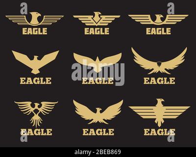 Goldene heraldische Adler-Logo-Kollektion auf schwarzem Hintergrund. Vektor Adler Emblem Silhouette, Vogel Element Symbol der set-Illustration Stock Vektor