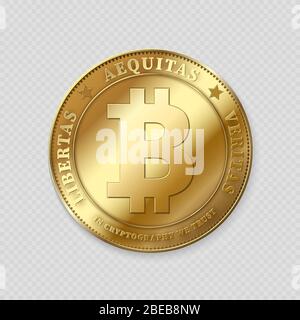 Realistisches Gold Bitcoin auf transparentem Hintergrund. Goldene Bitcoin elektronische Währung, Vektor-Illustration Stock Vektor