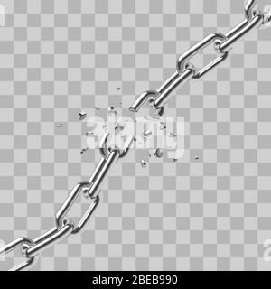 Realistische gebrochene Stahlkette verbindet Freiheit isoliert auf transparentem Hintergrund. Verbindung Stahl brechen und zerstören, metallischen Bruch. Vektorgrafik Stock Vektor