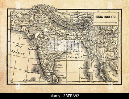Alte Karte des Britischen Reiches in Indien oder British Raj auf dem indischen Subkontinent, gebildet von Indien, Pakistan und Bangladesch mit geographischen italienischen Namen und Beschreibungen Stockfoto
