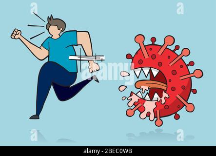 Handgezeichnete Vektorgrafik des Wuhan Corona Virus, covid-19. Mann, der vor dem Virus auf blauem Hintergrund läuft. Stock Vektor
