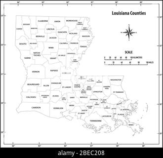 Übersichtskarte des Bundesstaates Louisiana in Schwarz und Weiß Stock Vektor