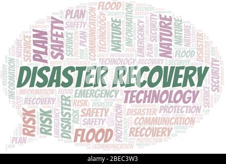 Disaster Recovery Typografie Vektor Wort Wolke. Wordcloud Collage nur mit dem Text gemacht. Stock Vektor