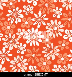 Monochrom Orange Hand Gezeichnet Filz Spitze Stift Gänseblümchen Blumenvektor Nahtloses Muster Stock Vektor