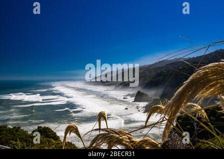 Blick auf Wellen, die am Te Miko Punkt an der Irimahuwhero Lookout zum Ufer. West Coast, South Island, Neuseeland. Stockfoto