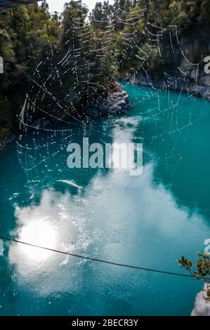 Ansicht des Hokitika Gorge. Hokitika durch ein Spinnennetz auf der Brücke, West Coast, South Island, Neuseeland. Stockfoto