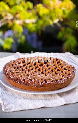 Kirschkuchen mit Teiggitter aus Limburg, Niederlande serviert in sonnigen Garten Stockfoto