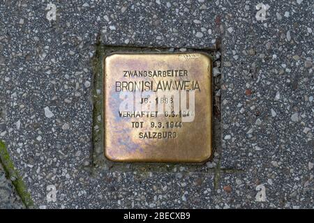 Bronzemester "Stolperstein" im Pflaster für Bronislaw Weja in Salzburg, Österreich. Stockfoto