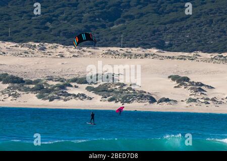 Tarifa, Spanien. Februar 2020. Kitesurfer im Atlantik in der Nähe des windigen Bolonia Strandes Stockfoto