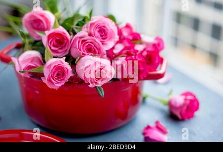 Rosenstrauß für Mama, Geschenkkonzept für Frauen und Muttertag. Kreative Überraschungsblumen in einer roten Pfanne. Freier Platz für Text, Postkarte. Kopierbereich. Stockfoto