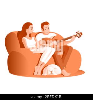 Junge Eheleute sitzen auf der Couch. Ein Mann spielt Musik auf einer Gitarre, ein Mädchen hört gerne zu. Ein Spaniel-Hund schläft in der Nähe seiner Füße. V Stock Vektor