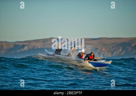 Eine Gruppe von vier Männern mittleren Alters, die Spaß in einem Outrigger Kanu auf den Wellen des Ozeans haben Stockfoto