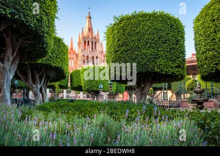 Plaza und ikonische Kirche in der historischen Innenstadt von San Miguel de Allende, Mexiko. Stockfoto