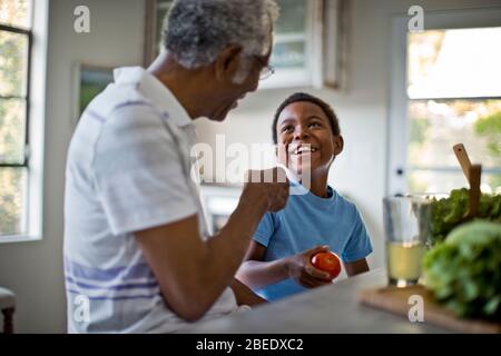 Großvater und Enkel bereiten gemeinsam Essen zu Stockfoto