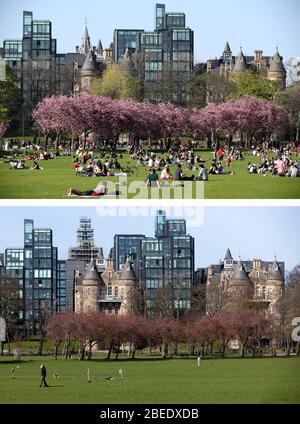 Zusammengesetztes Foto von Menschen, die den Sonnenschein in den Meadows, Edinburgh, während des sonnigen Osterfeiertags Wochenende 22/04/19 (oben) und fast menschenleer heute (unten) genießen, während das Vereinigte Königreich weiterhin in der Sperre, um die Ausbreitung des Coronavirus einzudämmen. Stockfoto