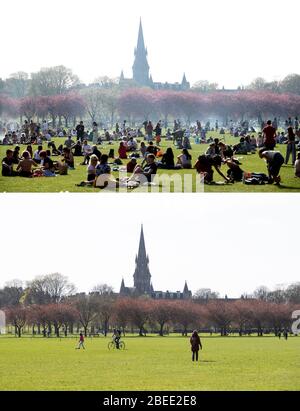 Zusammengesetztes Foto von Menschen, die den Sonnenschein in den Meadows, Edinburgh, während des sonnigen Osterfeiertags Wochenende 22/04/19 (oben) und fast menschenleer heute (unten) genießen, während das Vereinigte Königreich weiterhin in der Sperre, um die Ausbreitung des Coronavirus einzudämmen. Stockfoto