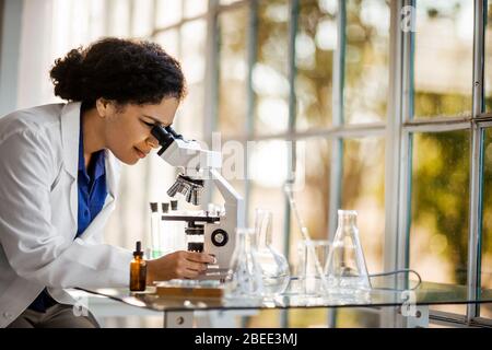 Wissenschaftler, der durch ein Mikroskop auf eine Probe schaut Stockfoto