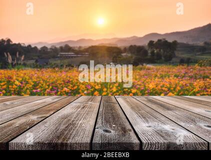 Holztisch auf verschwommenem Sonnenuntergang über Berg mit bunten Kosmos Feld Hintergrund Stockfoto