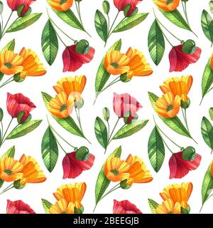 Aquarell nahtlose Muster mit Mohnblumen, Butterblumen und Blättern. Heller floraler Hintergrund mit Blumen und Knospen. Stockfoto