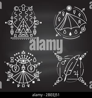 Esoterische Symbole. Vektor. Geometrisches Abzeichen mit dünnen Linien auf der Tafel. Umrisssymbol für Alchemie, heilige Geometrie. Mystisches, magisches Design mit Fledermausflügel, Feder, Sternen, Planeten, Portal in eine andere Welt Stock Vektor