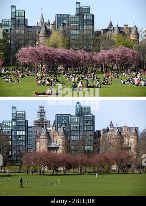 RETRANSMITTED CORRECTING BYLINE IN CAPTION zusammengesetztes Foto von Menschen Genießen Sie die Sonne in den Meadows, Edinburgh, während der sonnigen Osterfeiertage Wochenende 22/04/19 (oben) und fast menschenleer Boden heute (unten), als das Vereinigte Königreich weiterhin in Lockdown, um die Ausbreitung des Coronavirus einzudämmen. Stockfoto