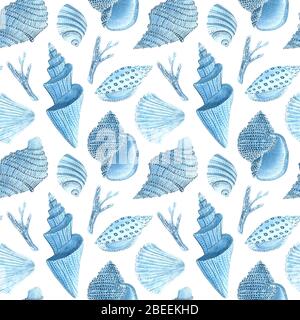 Handgezeichnetes Wasserfarben-Meeresmuster mit Schalen. Naturdruck mit Schalen für Meeresdekor. Stockfoto