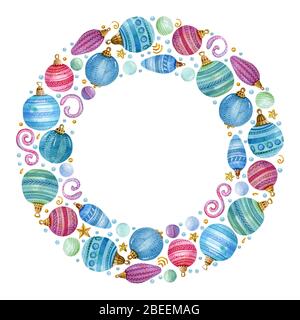 Weihnachten Aquarell runden Rahmen mit farbigen Kugeln, Herzen und Schnee auf dem weißen Hintergrund. Ideal für Grußkarte, Einladung, Banner und Poster. Stockfoto