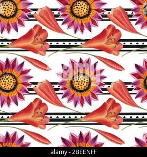 Nahtloses Wasserfarbenmuster mit Blumen und geometrischen Elementen. Ethnischer moderner Stil mit afrikanischen Motiven. Geeignet für Textil, Stoff, Umhüllung. Stockfoto