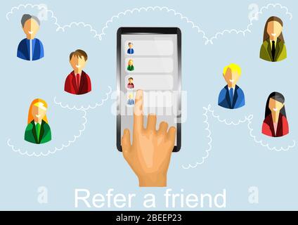 Empfehlung eines Freundes. Hände halten Telefon mit Kontakten von Freunden Stock Vektor