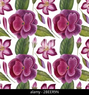 Aquarell nahtlose Muster mit Blumen auf dem weißen Hintergrund. Ethnischer moderner Stil mit afrikanischen Motiven. Für Textil, Stoff, Verpackung. Stockfoto