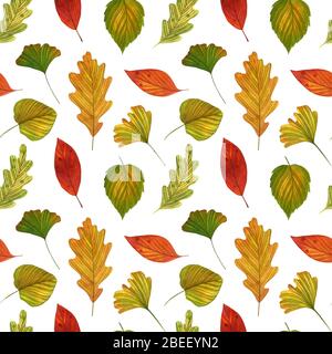 Aquarell nahtlose Muster mit Herbst bunte Blätter auf dem weißen Hintergrund. Handgezeichneter Herbsthintergrund. Stockfoto
