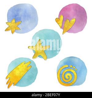Hand bemaltes Aquarell abstrakt Set mit separaten Elementen auf dem hellen Hintergrund. Helles Cartoon-Konzept für Einladungen, Poster, Grußkarten. Stockfoto