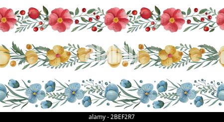 Aquarell nahtlose Bordüren mit Blumen, Blättern und Beeren auf dem weißen Hintergrund. Botanische Illustration. Stockfoto