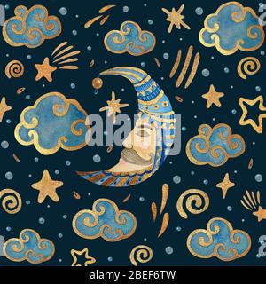 Aquarellkarte mit Mond, Sternen und Wolken. Gold Aquarell auf dem dunklen Hintergrund. Kinder Aquarell Nacht Illustration. Stockfoto