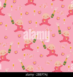 Baby Dusche Mädchen nahtlose Vektor-Muster. Baby Mädchen mit einer Flasche Champagner, Weinflöten und Beruhigungssauger wiederholen rosa Hintergrund. Stock Vektor
