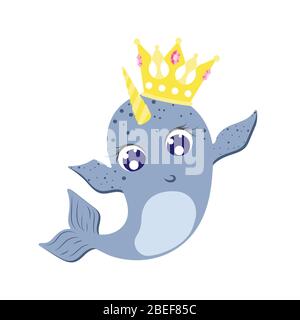 Narwhal Toddler kawaii Charakter, Kinder Vektor-Illustration isoliert auf weiß mit Krone Stock Vektor