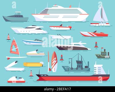 Große Reihe von Seebooten und kleinen Fischerschiffen. Flache Vektorsymbole für Segelboote. Abbildung von Wassertransport Yacht und Schiff Segelboot Stock Vektor