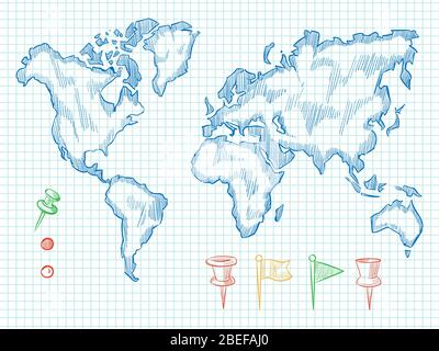 Handgezeichnete Weltkarte und bunte Doodle Pins auf Notebook-Rückseite. Vektorgrafik Stock Vektor