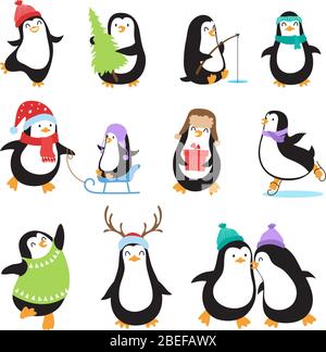 Niedliche Cartoon Pinguine. Winterurlaub Vektor Tiere Set. Pinguin Charakter und Weihnachten Maskottchen Vogel Illustration Stock Vektor