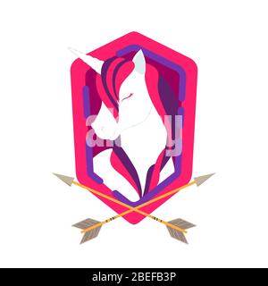 Niedliches Poster, Grußkarte oder Bekleidungsdruck mit Einhorn, Pfeilen und Schild oder Emblem. Cartoon flache Einhorn Charakter Porträt. Vektorgrafik Stock Vektor