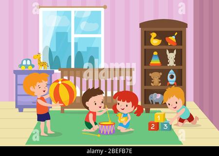 Kinder spielen mit Spielzeug im Spielzimmer des Kindergartens Vektor-Illustration. Zimmer mit Jungen und Mädchen, Kinderzimmer im Kindergarten Stock Vektor