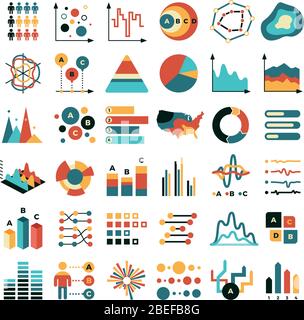 Grafik und Diagramme für Geschäftsdaten. Marketing-Statistiken Vektor flache Symbole. Diagramm- und Diagrammdaten, Diagramm Finanzen für die Berichtsdarstellung Stock Vektor