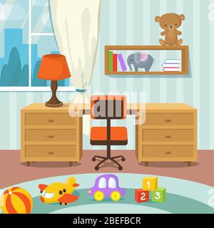 Baby Zimmer mit Bett und Spielzeug in flachem Stil Vektor-Illustration. Spielzimmer mit Tisch und Stuhl Stock Vektor