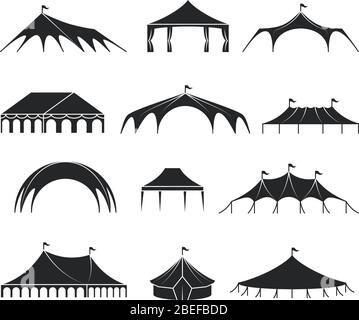 Outdoor Schutzzelt, Event Pavillon Zelte Vektor-Icons. Shelter schwarze Silhouette, Markensessel und Pavillon Leinwand Illustration Stock Vektor