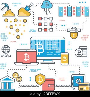 Blockchain und Internet-Kryptowährung Transaktion. Bitcoin Stock Market und Finanzierung unterstützen Vektor-Konzept. Abbildung der Bitcoin-Marktwährung der Finanzwirtschaft Stock Vektor