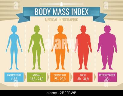 Frau Körper Masse Index Vektor medizinische Infografik. Body Mass Index, Adipositas und Übergewicht Illustration Stock Vektor