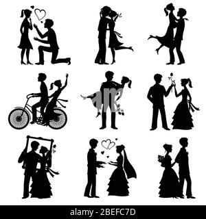 Romantische Liebe Paare Vektor Silhouetten für Valentinstag und Hochzeitskarte. Ehe und romantische Liebe, valentine Mann und Frau Illustration Stock Vektor