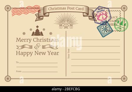 Vector alte weihnachtsfeiertag Postkarte mit santa Briefmarken. Weihnachten und Neujahr Postkarte leere Illustration Stock Vektor