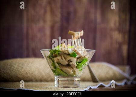 Eingelegter Pilzsalat mit Salat, Zwiebeln und Kräutern in einer Glasschüssel Stockfoto